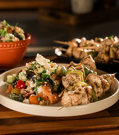 Creamy Greek Salad with Mediterranean Chicken Kabobs